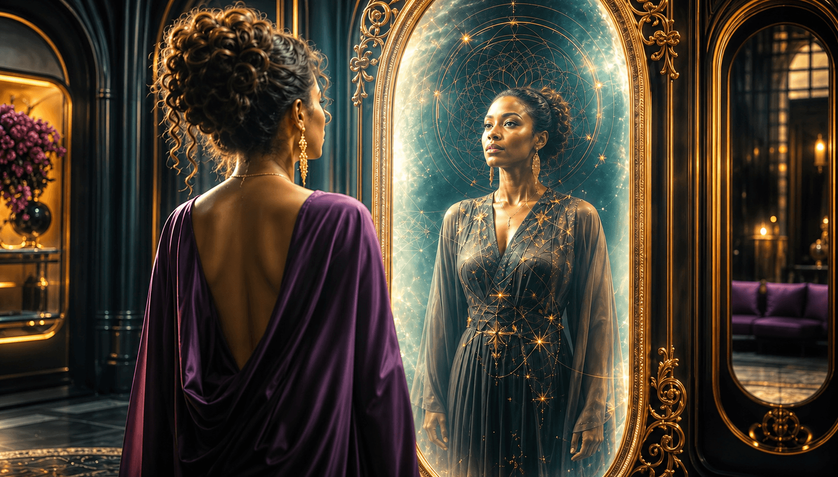 A woman standing before an illuminated ornate mirror