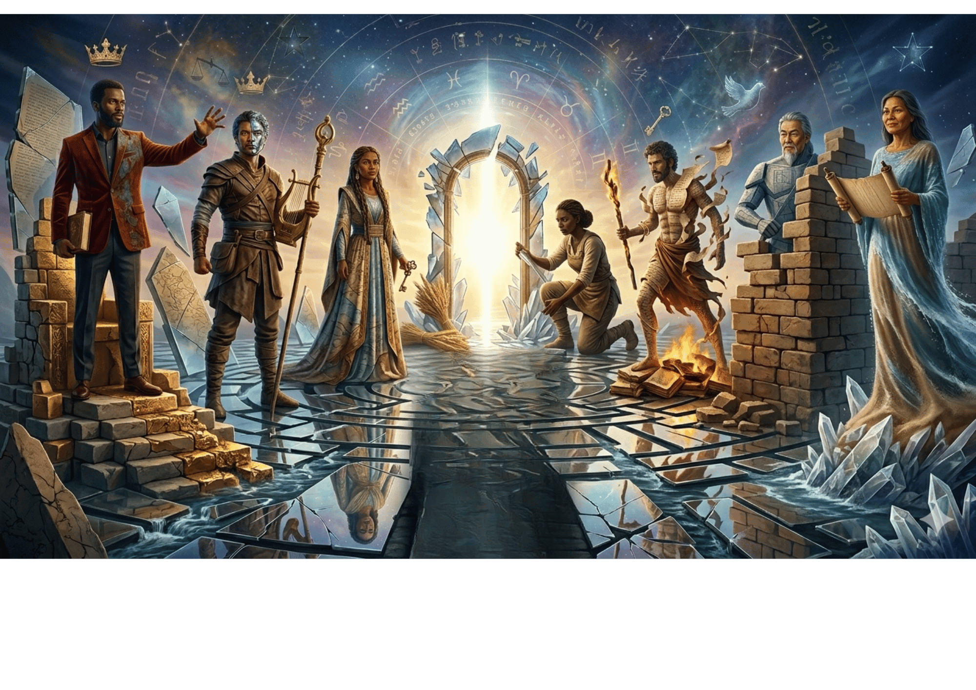 Seven archetypal figures gathered around a luminous celestial portal