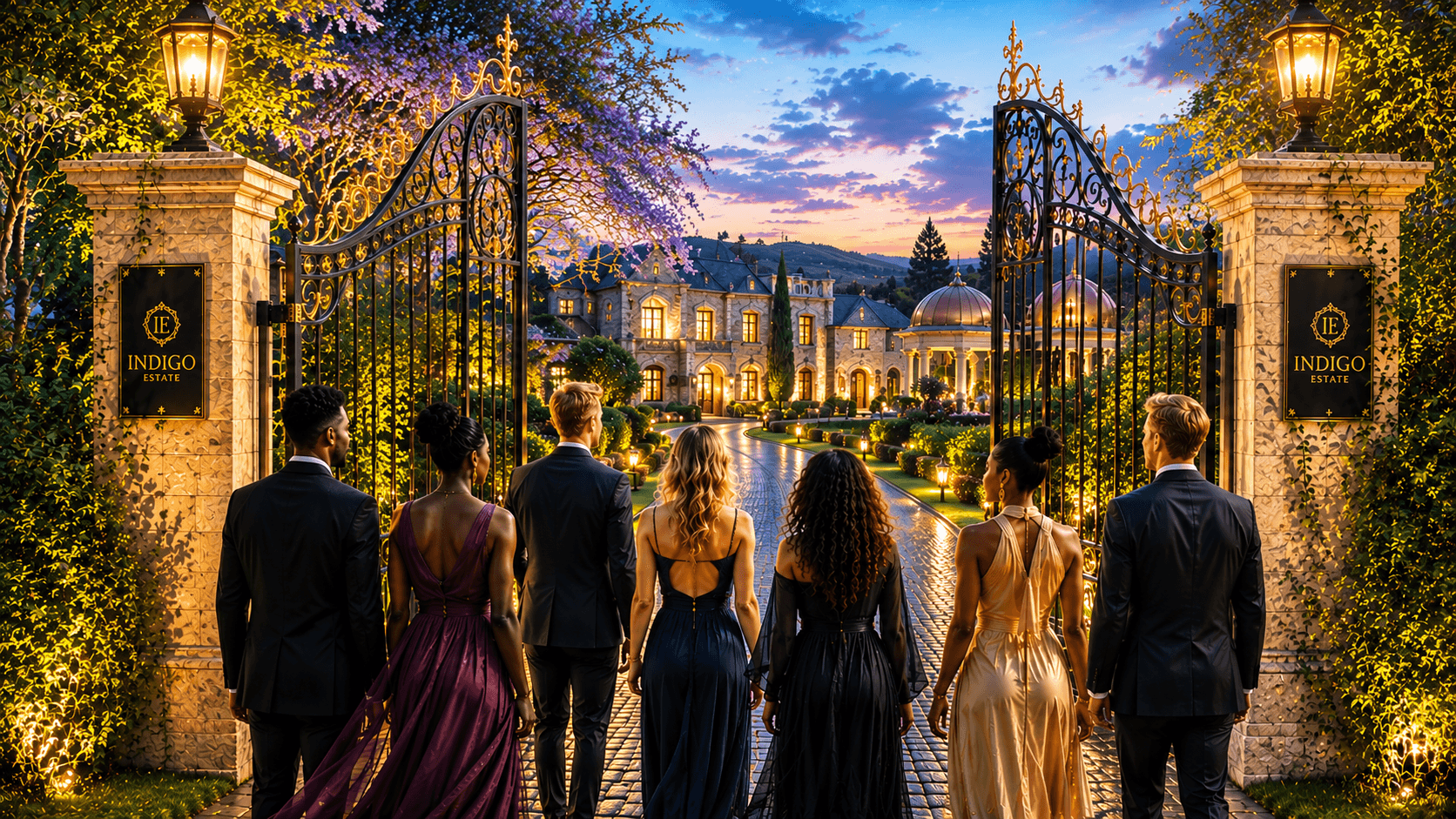 People entering through the open Indigo Estate gates toward the illuminated estate