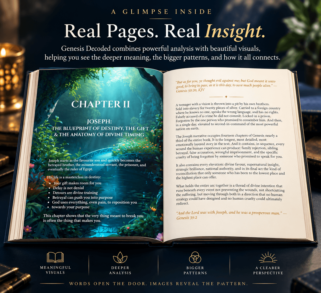 Open Genesis Decoded book showing the Joseph chapter and later visual editorial style.