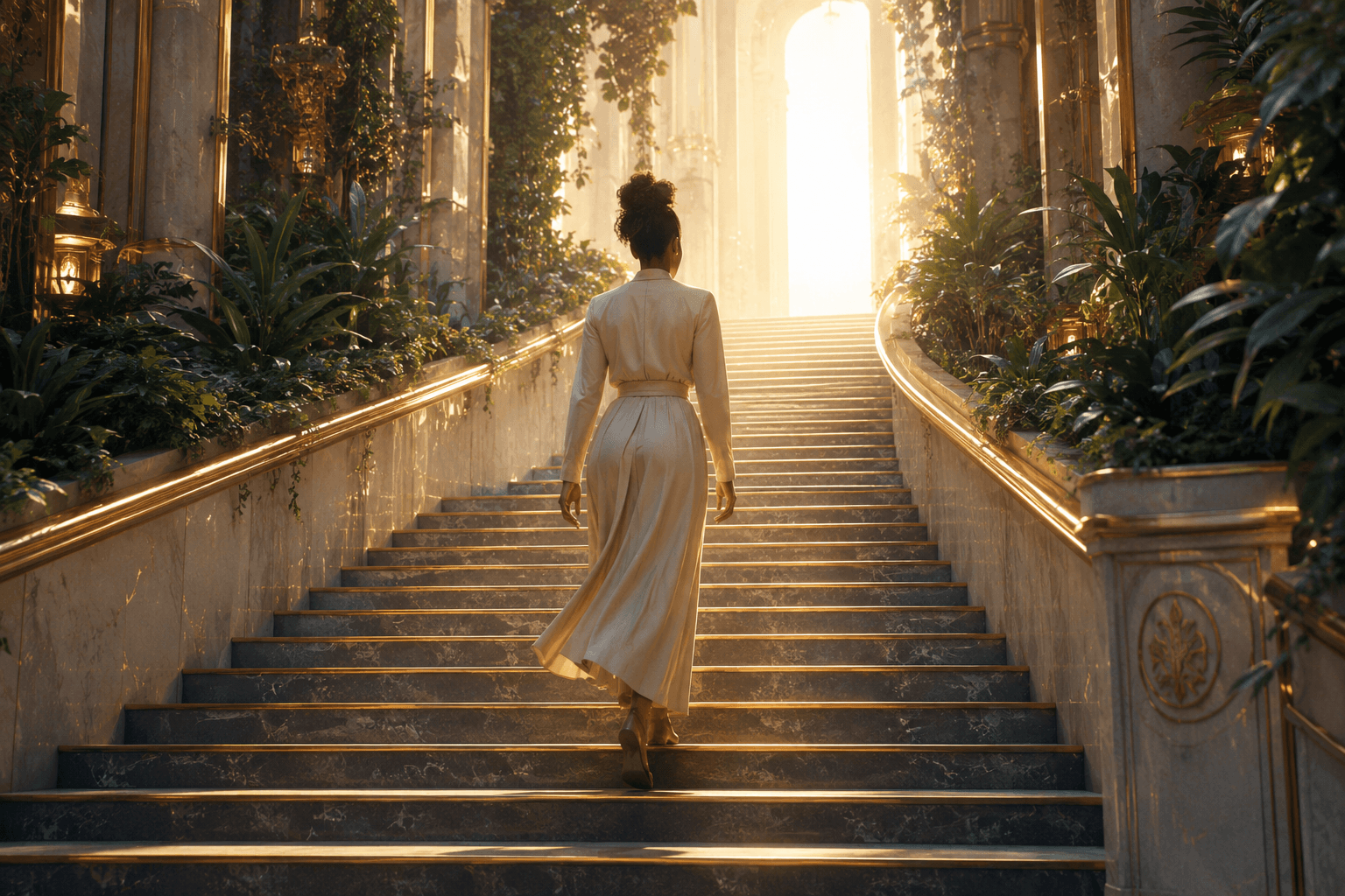 Woman ascending an illuminated staircase, representing Sovereign Self-Mastery